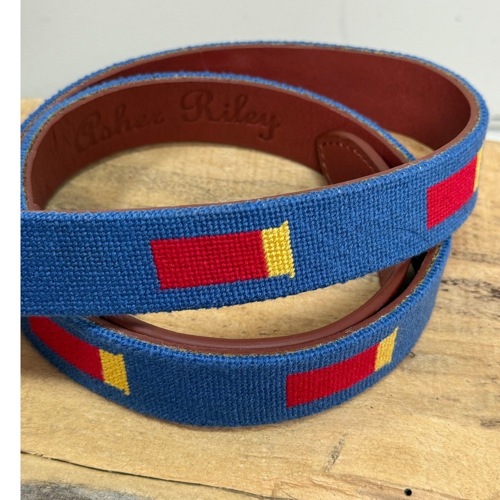 Asher Riley Mens Needlepoint Belt 40 Blue Leather Shotgun Shells Brass Buckle